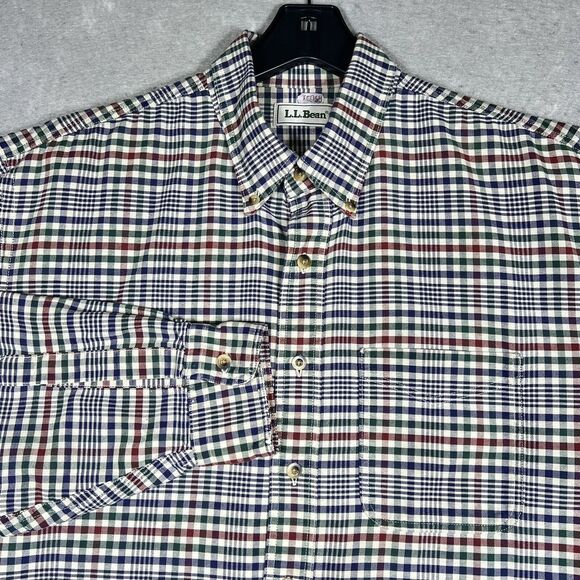 L.L Bean Dress Shirt Button Down Men’s Large Maroon Blue Red Checked Plaid 2813 - Picture 1 of 10